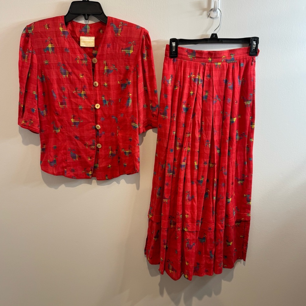 Vintage Geiger rooster skirt set farmhouse barn size 34 red